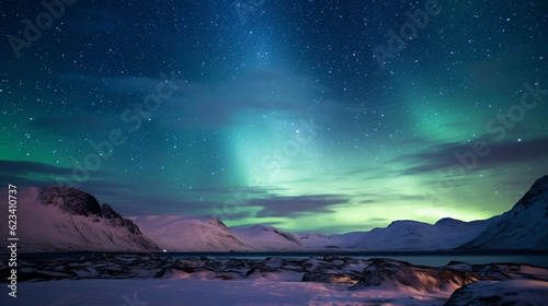 Northern lights in the night sky over snow-capped mountains.Travel and tourism concept.