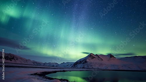 Aurora borealis northern lights over the lake in Iceland.Travel and tourism concept.