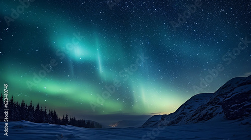 Aurora borealis  northern lights over the mountains in winter.Travel and tourism concept.