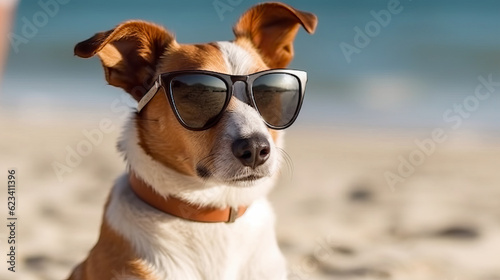Cute dog with sunglasses on the beach relaxing and enjoying. Holiday concept with the dog. Generative AI © senadesign