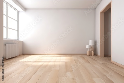 Room left empty for mockup. Unoccupied room with a wooden floor and a light wall. Generative AI