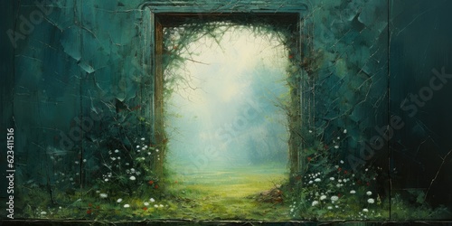 painted on a weathered door, amidst a verdant meadow - evoking curiosity and possibility - capturing the transformative power of stepping into a world beyond Generative AI Digital Illustration