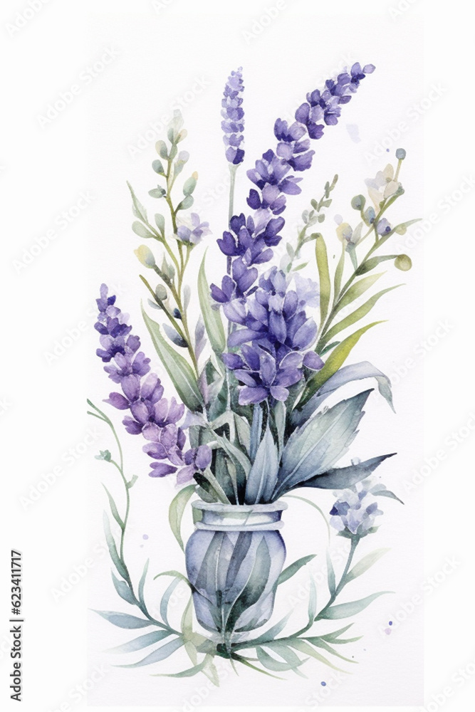 Beautiful bouquet of lavender in a vase, in a watercolor style, created with AI