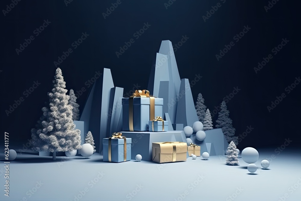 With a classic blue background, a gold platform, a gift, and some pine trees. outlets for social media, promotion, magazines, and posters in the style of the 2020 New Year's holiday. Generative AI - obrazy, fototapety, plakaty 