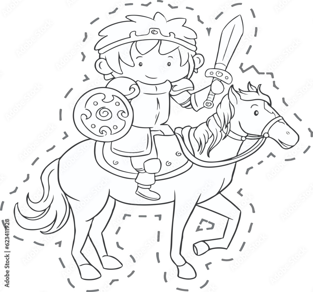 Fototapeta premium Knight on horse holding axe Kids drawing COLORING page