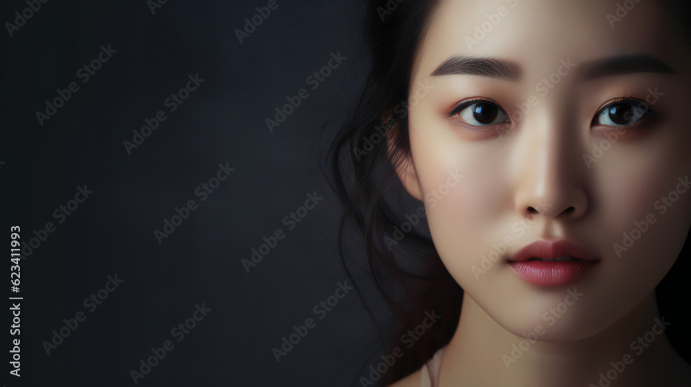 Fototapeta premium Closeup of Korean woman model. Looking at the camera. Black background. Empty copy space on one side. Generative AI.