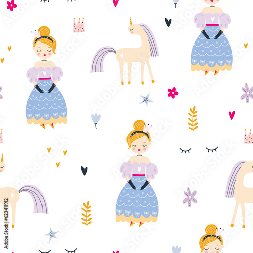 Childish seamless pattern with princess, unicorn, pony, flowers, crown in scandinavian style. Creative vector childish background for fabric, textile
