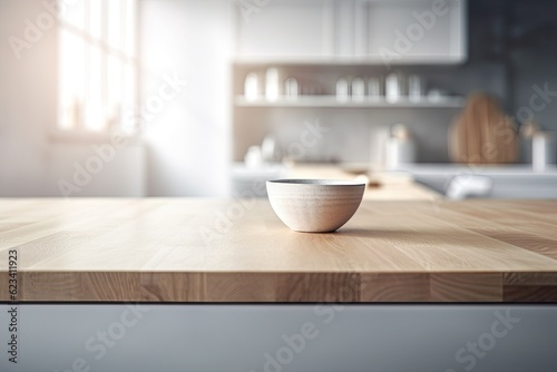 White color tone, blank white wooden table, interior with blurred background, product display template. Generative AI