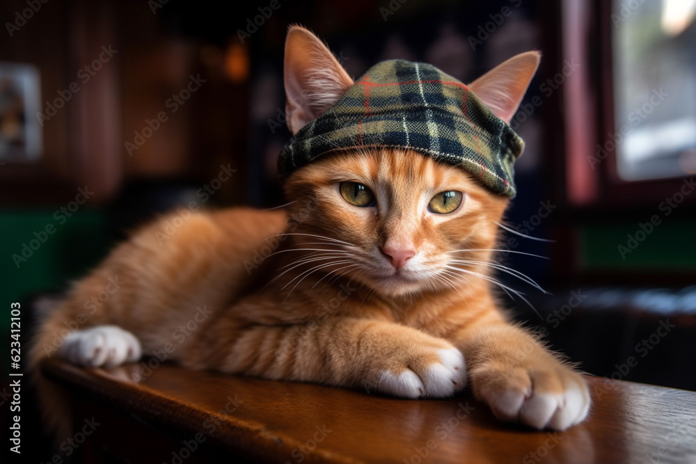 Ginger cute kitten in plaid and cap with beer in pub. Generative AI