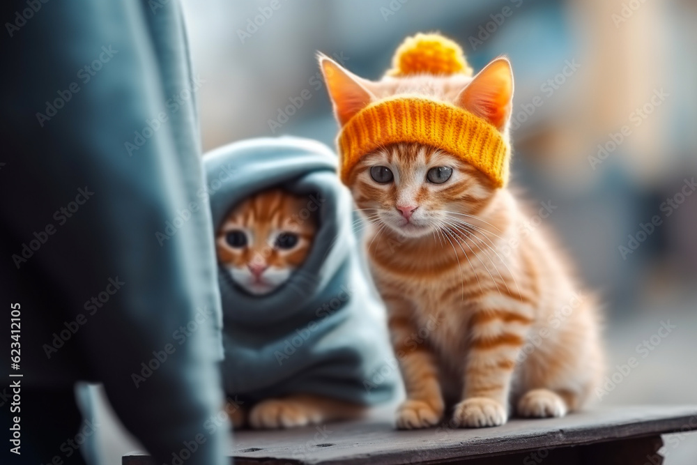 Cute ginger kitten in knitted hat on wooden table in forest cabin. Generative AI