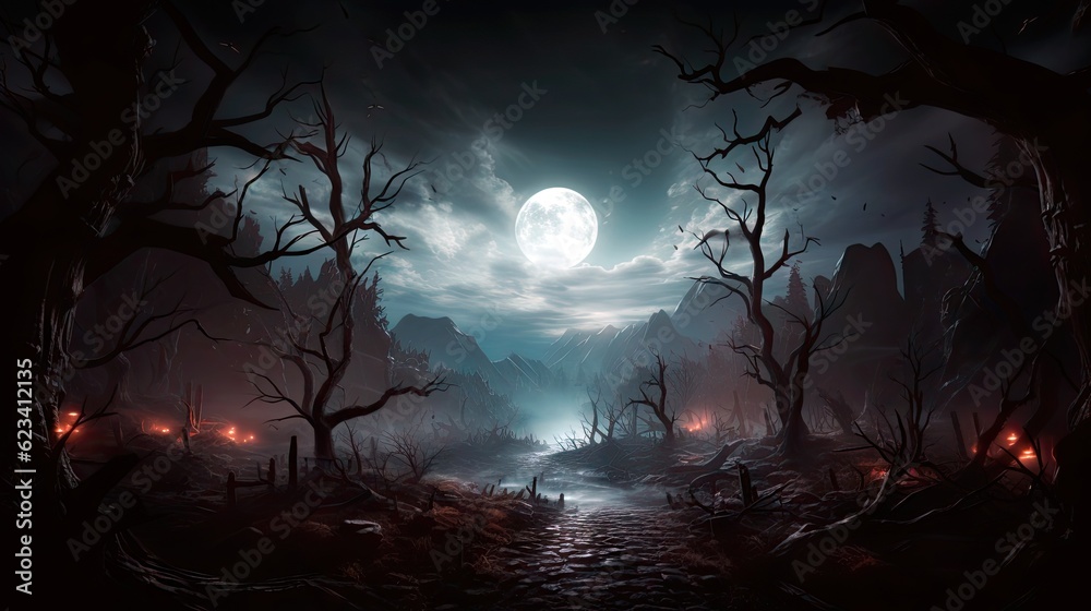 Full moon casting an eerie glow on a spooky forest, Halloween night atmosphere.