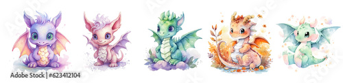 cute watercolor colorful dragons set, isolated on white. Generative AI