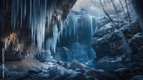 A frozen waterfall cascading down a rocky cliff photo