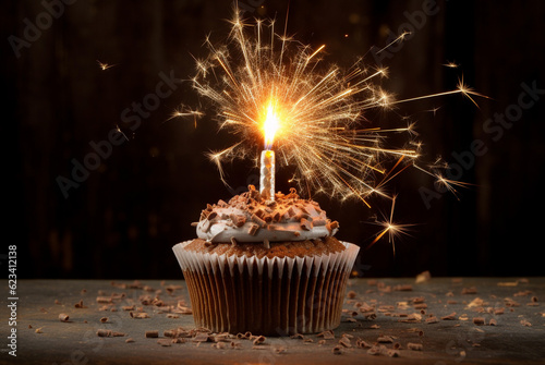 Chocolate cupcake with fire candle, holidays greeting card. Generative AI