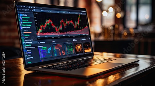 Laptop with a screen displaying cryptocurrency trading platform, digital assets and blockchain investment concept.