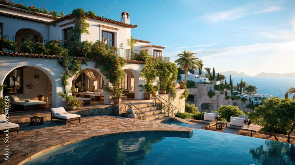 A traditional Mediterranean white house nestled on a hilltop, overlooking the sparkling sea.