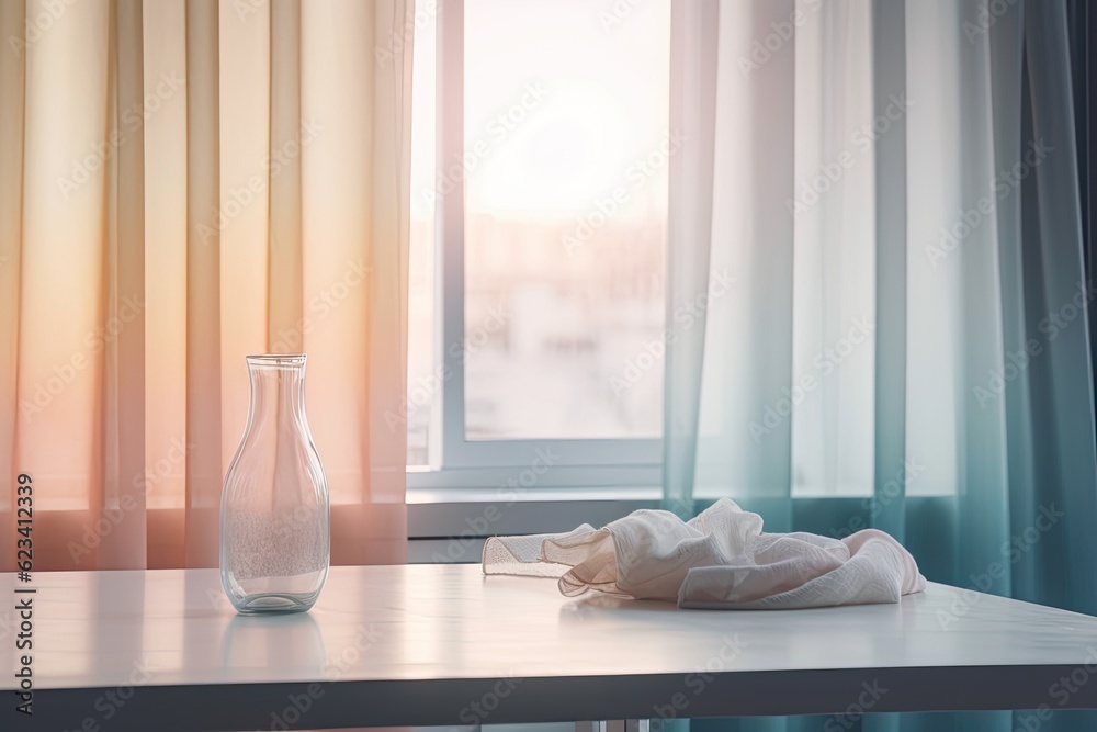 White tabletop against hazy pastel window curtains. Generative AI White tabletop against hazy pastel window curtains. Generative AI