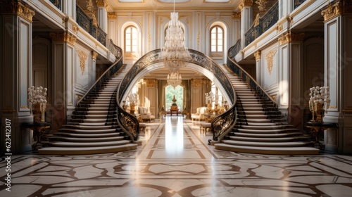 A regal entrance hall in a French ch  teau  boasting a grand staircase with intricate wrought iron railings and a stunning crystal chandelier.