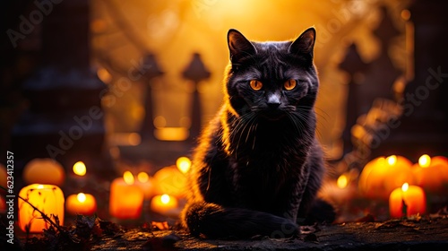 Black cat with glowing yellow eyes against a backdrop of an old graveyard, Halloween superstition.