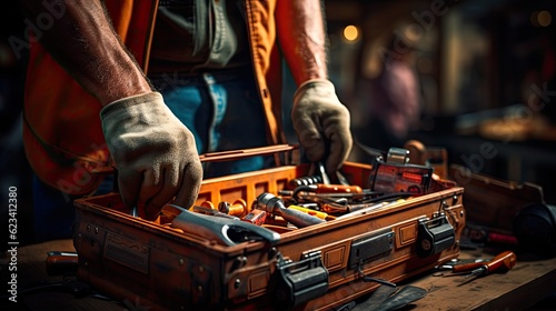 Close - up of a worker's hands holding a toolbox, representing skilled labor and craftsmanship on Labor Day.