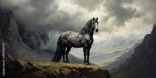 A Horse Standing Tall Against a Dramatic Mountain Backdrop - Exuding Strength and Protection - Capturing the Regal Presence of a Steadfast Protector   Generative AI Digital Illustration