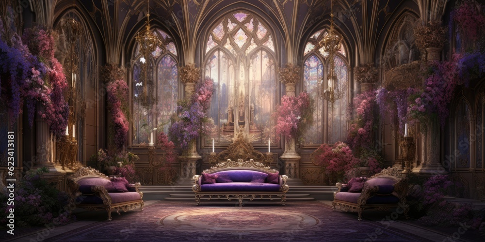  Intricate Purple Tapestries Adorning a Grand Palace Hall - Emanating Majesty and Opulence - Capturing the Regal Beauty of a Noble Setting   Generative AI Digital Illustration