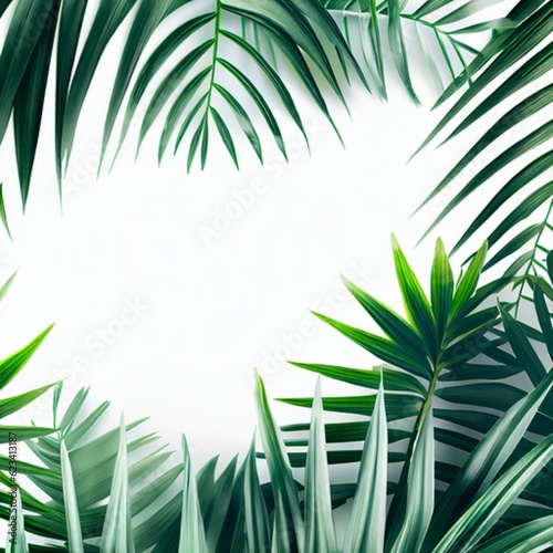 overlay frame from fresh green jungle palm leaves on white background