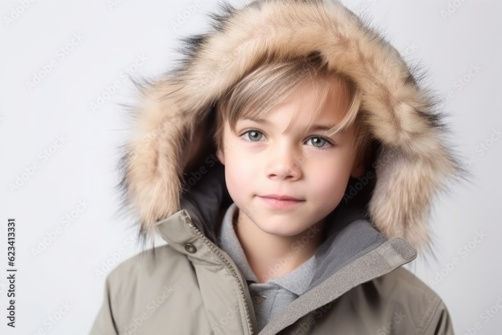 Medium shot portrait photography of a tender kid male wearing a cozy winter coat against a white background. With generative AI technology Medium shot portrait photography of a tender kid male wearing a cozy winter coat against a white background. With generative AI technology