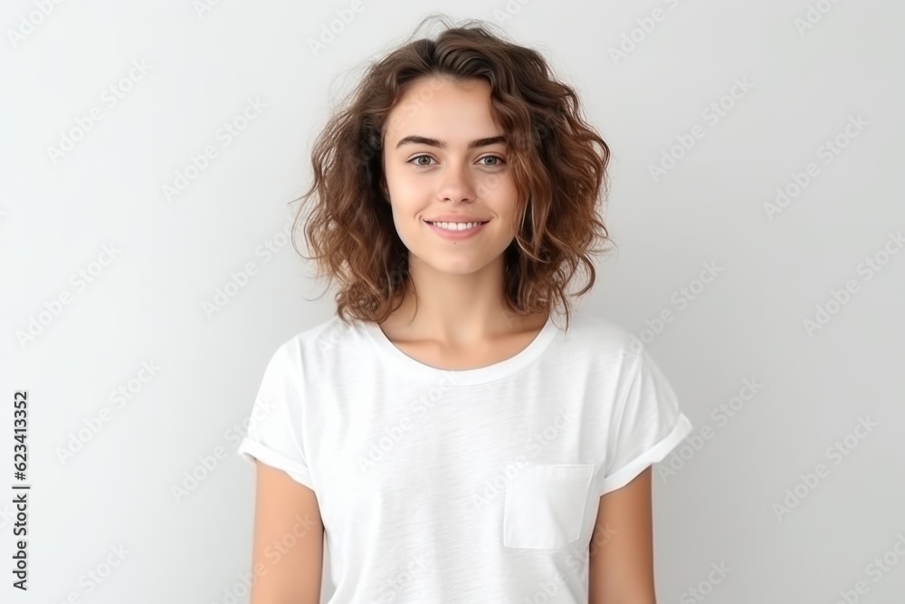 Medium shot portrait photography of a satisfied girl in her 30s wearing a casual short-sleeve shirt against a white background. With generative AI technology Medium shot portrait photography of a satisfied girl in her 30s wearing a casual short-sleeve shirt against a white background. With generative AI technology