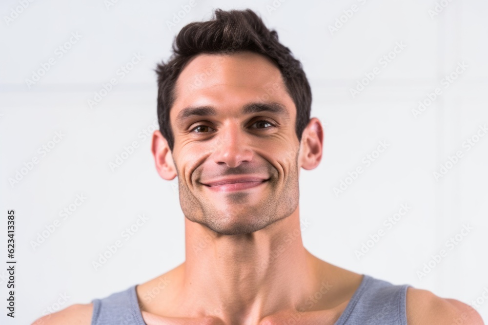 Close-up portrait photography of a satisfied boy in his 30s in underwear against a white background. With generative AI technology Close-up portrait photography of a satisfied boy in his 30s in underwear against a white background. With generative AI technology