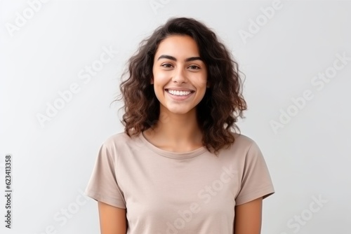 Medium shot portrait photography of a satisfied girl in her 30s wearing a casual short-sleeve shirt against a white background. With generative AI technology