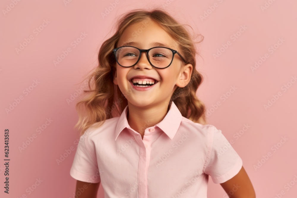 Lifestyle portrait photography of a joyful kid female wearing a casual short-sleeve shirt against a pastel or soft colors background. With generative AI technology