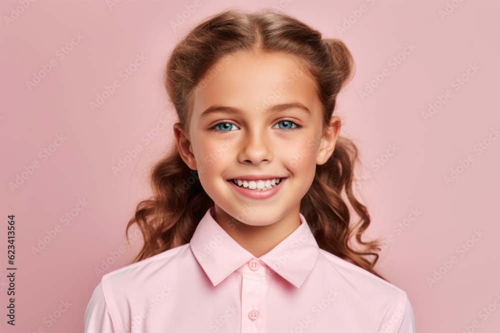 Close-up portrait photography of a happy kid female wearing a classy button-up shirt against a pastel or soft colors background. With generative AI technology Close-up portrait photography of a happy kid female wearing a classy button-up shirt against a pastel or soft colors background. With generative AI technology