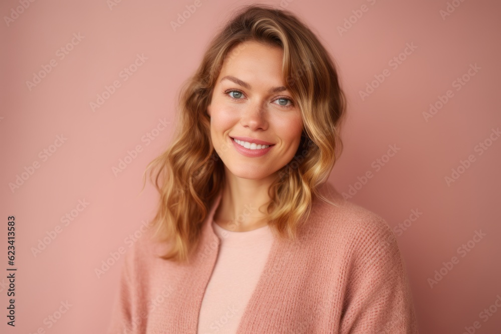 Headshot portrait photography of a satisfied girl in her 30s wearing a chic cardigan against a pastel or soft colors background. With generative AI technology Headshot portrait photography of a satisfied girl in her 30s wearing a chic cardigan against a pastel or soft colors background. With generative AI technology