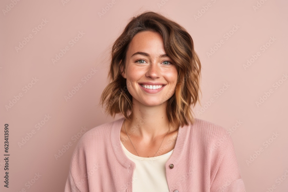 Headshot portrait photography of a satisfied girl in her 30s wearing a chic cardigan against a pastel or soft colors background. With generative AI technology Headshot portrait photography of a satisfied girl in her 30s wearing a chic cardigan against a pastel or soft colors background. With generative AI technology