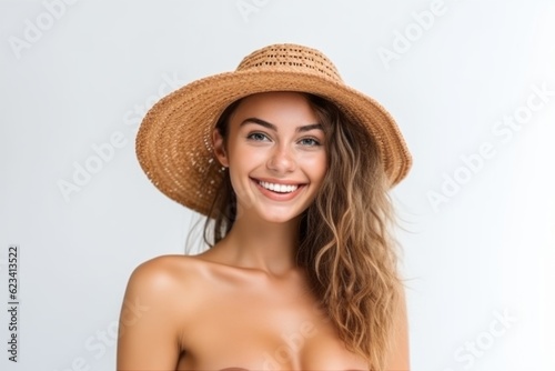 Medium shot portrait photography of a grinning girl in his 20s wearing a trendy bikini and straw hat against a white background. With generative AI technology