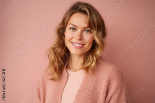 Headshot portrait photography of a satisfied girl in her 30s wearing a chic cardigan against a pastel or soft colors background. With generative AI technology © Markus Schröder