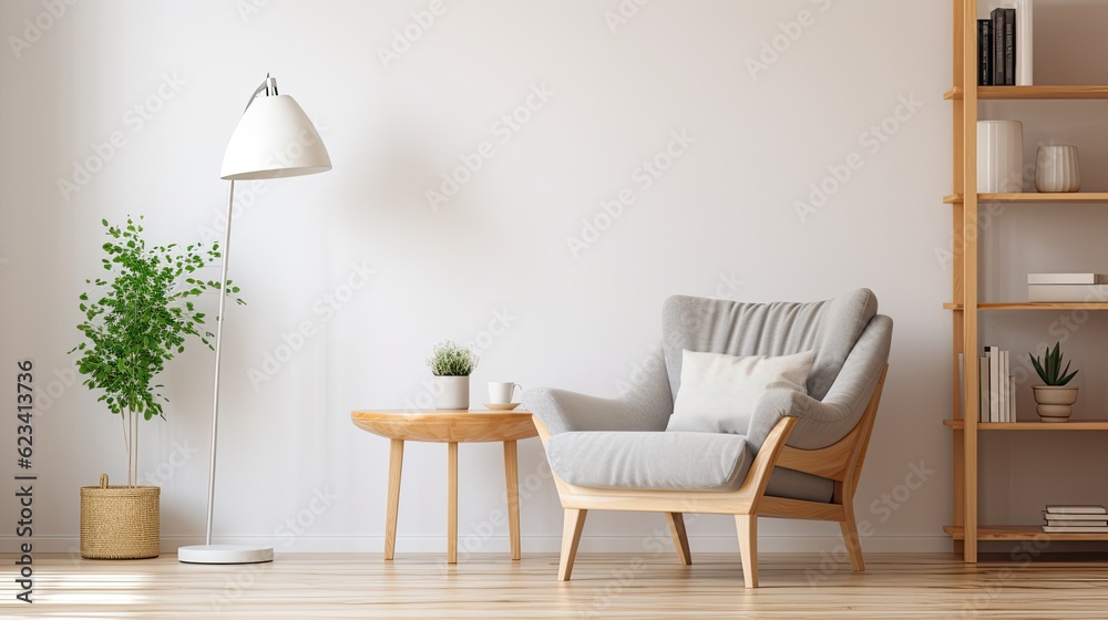 Minimalist reading nook with a cozy armchair, a floor lamp, and a built-in bookshelf, generative ai