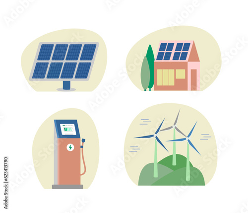 Solar panel set, solar photovoltaic panels on modern house, ev station, wind turbine. Vector on isolated white background.
