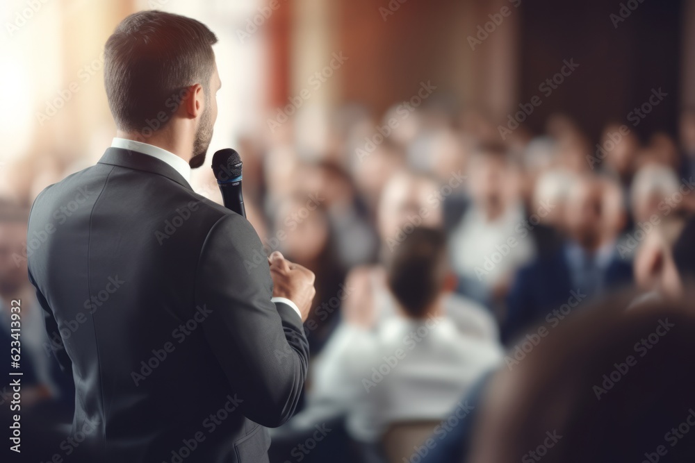 Back view of Man in business suit giving a speech on the stage in front of the audience. - obrazy, fototapety, plakaty 