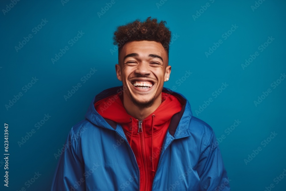 Lifestyle portrait photography of a happy boy in his 20s wearing a lightweight windbreaker against a royal blue background. With generative AI technology