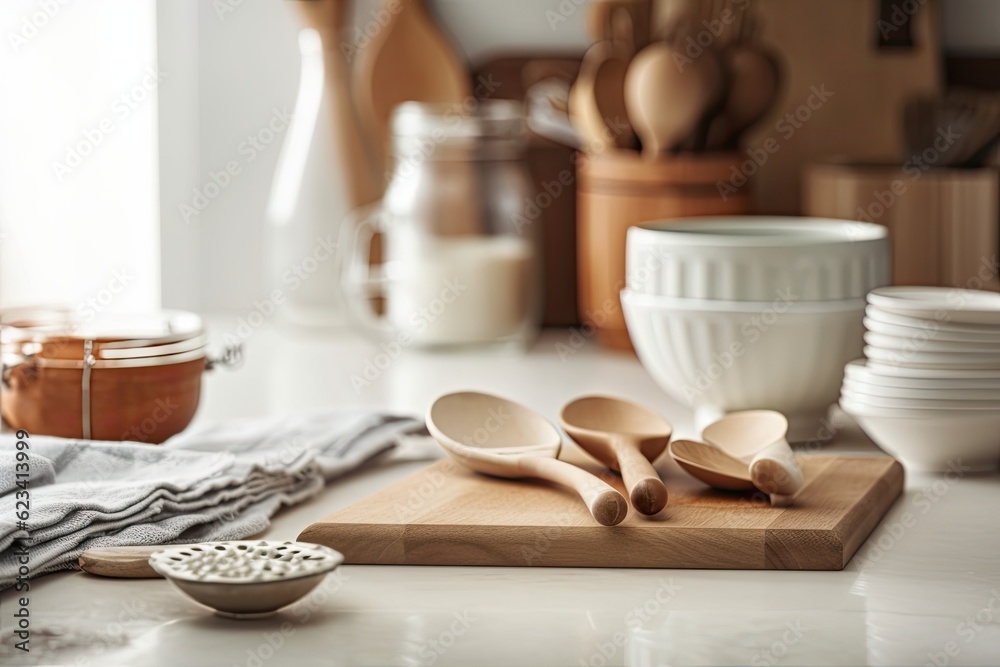 White table and wooden cutlery on a kitchen background. Generative AI