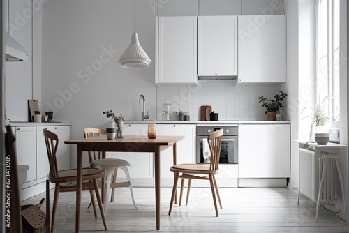 Scandinavian minimalist kitchen following restoration in new home. Dishes, a table, and chairs are all white and are in a room with a light wall. Promotional offer and design related blogs about nobod photo