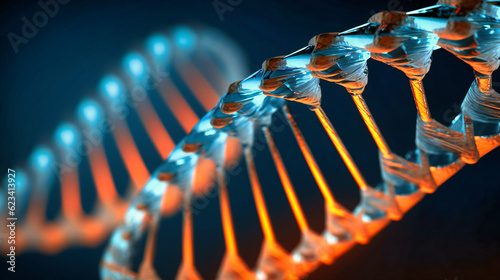 The idea of how human DNA may change over a long period of time in the future, observed through a microscope, with a focus on a close-up of a blue helix in the background photo