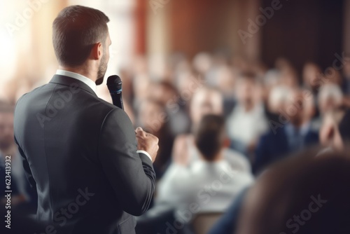 Tela Back view of Man in business suit giving a speech on the stage in front of the a