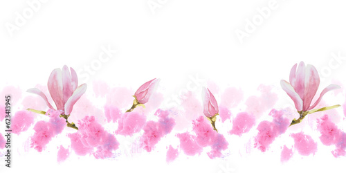 Flower Seamless border pattern. Hand painted illustration of purple Magnolia.Isolated white background with pink watercolor stains.Horizontal repeating border, banner, wallpaper, wrapping paper.
