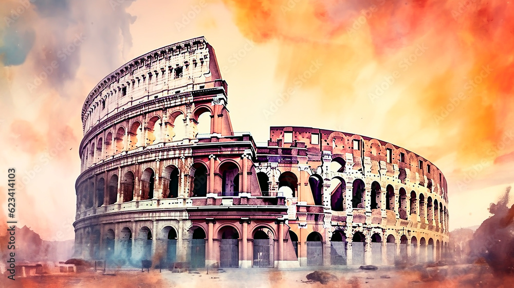 Illustration of Colosseum in Rome, Italy. Digital watercolor painting.