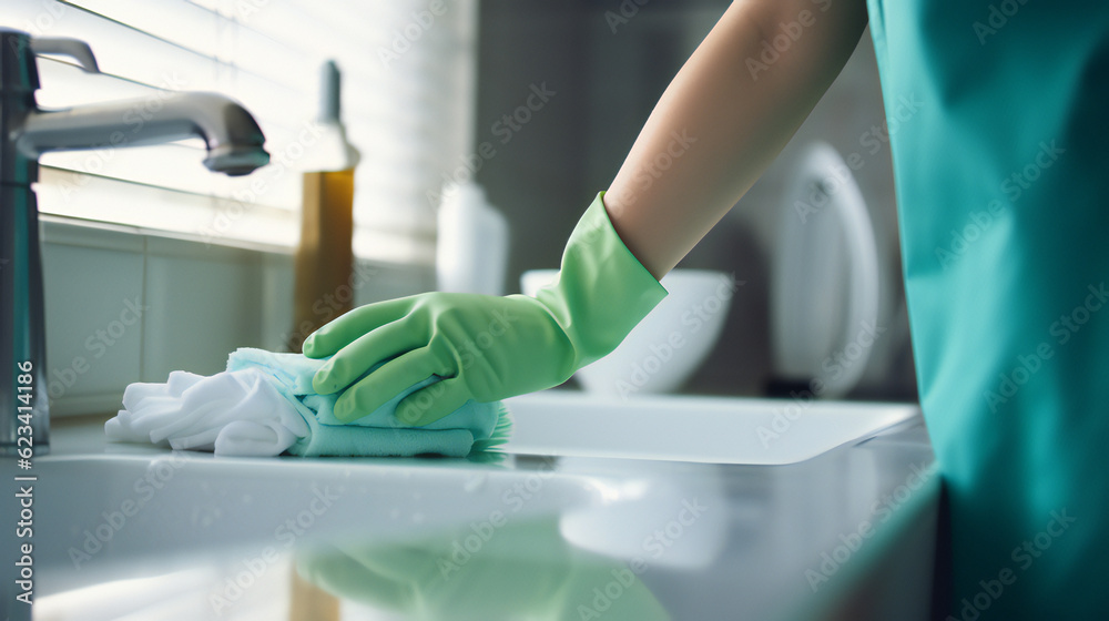 Closeup of Housekeeper cleaning a bathroom with Rubber gloves on. Generative AI. Closeup of Housekeeper cleaning a bathroom with Rubber gloves on. Generative AI.
