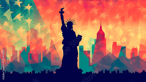 Silhouette of New York City skyline with the Statue of Liberty. Illustration.