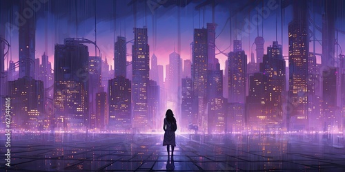 Dancing Against a Purple-Lit Cityscape, Adorned with Neon Lights - Exuding Mystery and Allure - Capturing the Captivating Energy of an Urban Nocturne Generative AI Digital Illustration
